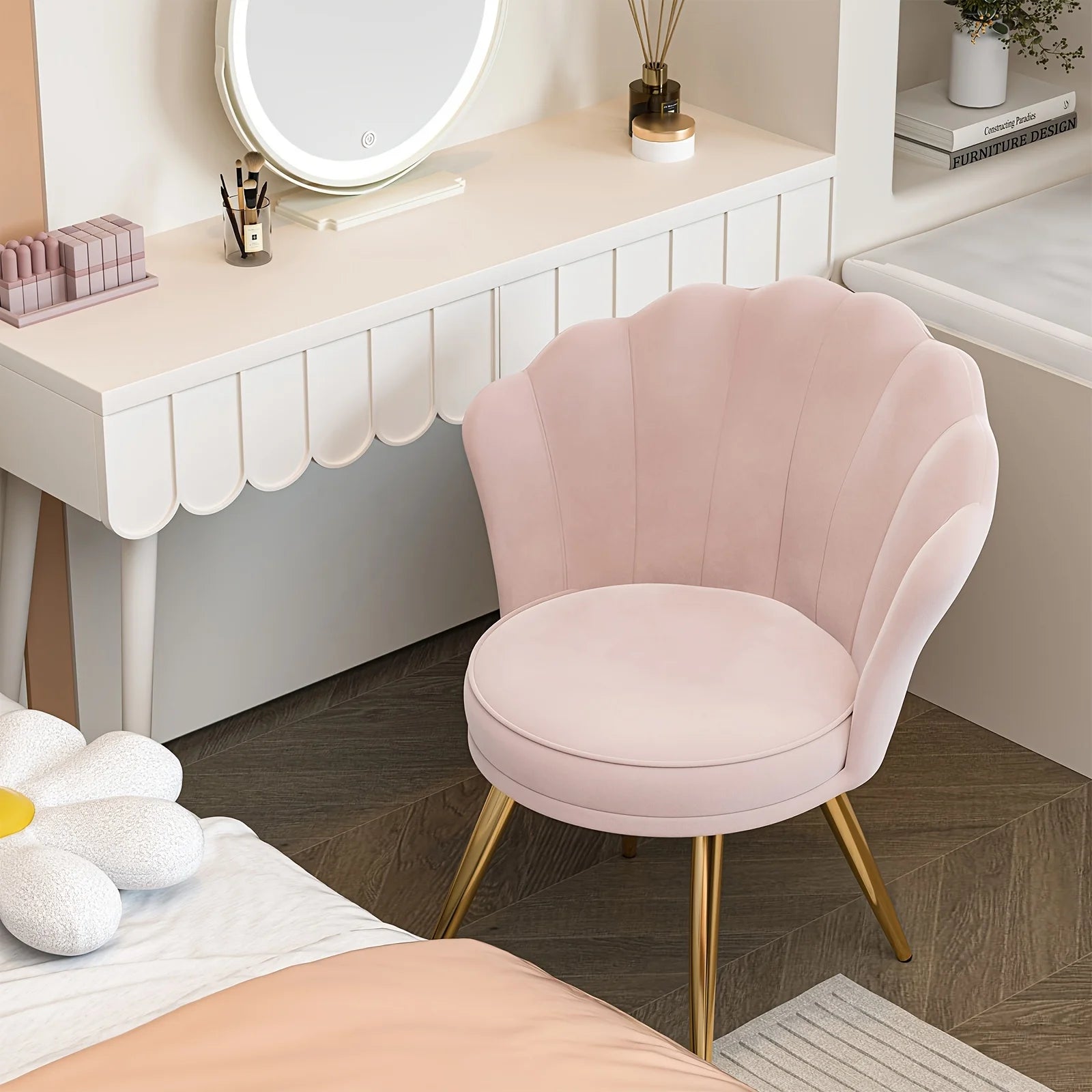 Modern Velvet Accent  Chair With Back, Upholstered Vanity For Makeup Room, Makeup Side  Desk  With Golden Me